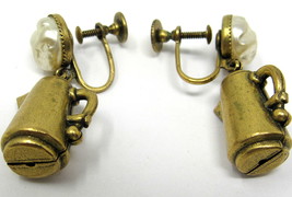Gold Coffee Pots Earrings Screw Back 1 1/4&quot; Faux Pearl Vintage Barista Gift #260 - £7.73 GBP