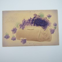 Postcard Happy Birthday Germany Antique Embossed 3D Purple Flowers in Purse Bag - £11.98 GBP