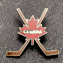 Canada Hockey Pin Brooch Vintage Maple Leaf Crossed Sticks Gold Tone Enamel - £8.36 GBP
