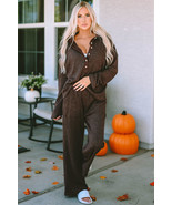 Brown Ribbed Knit Collared Henley Top and Pants Lounge Outfit - $53.33 CAD