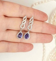 2.50Ct Pear Simulated Amethyst Drop/Dangle Earring 14k White Gold Silver - £78.20 GBP