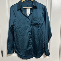 Celebratopia Teal Blue Lightweight Button Down Long Sleeve Blouse Medium - $22.76