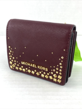 Michael Kors Flap Card Holder Wallet Gold Studs Red Leather Small $148   W1 - £62.86 GBP