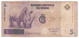 Congo 5 Francs Note,1997,(01/11/1997) Sn : G8041102A,Rhinocéros,P86,XF,Rare - $21.76