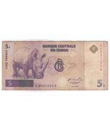 Congo 5 Francs Note,1997,(01/11/1997) Sn : G8041102A,Rhinocéros,P86,XF,Rare - $21.76