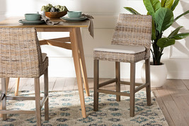 Mabelle Gray Kubu Rattan and Rustic Taupe Finished Mahogany Wood Counter... - $234.00