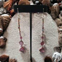 Glass Bead Shell Dangle Earrings Graduated Handmade Beach Coastal Metallic 90s - £13.32 GBP
