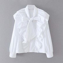 Elegant Bow Tie Collar Ruffles White Blouse Women - £10.90 GBP