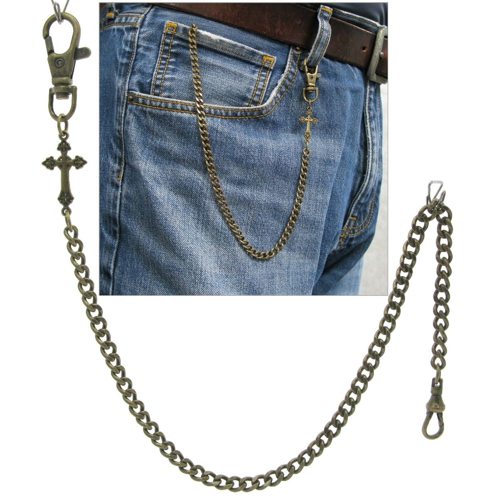 Pocket Watch Chain Bronze Albert Chain with Vintage CROSS Fob Swivel Cla... - $15.99