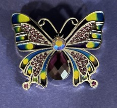 Stunning Purple AB Rhinestone &amp; Enamel Butterfly Brooch Silvertone Brooch - £6.42 GBP