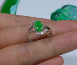 Cert&#39;d Fine Natural Type A Emerald Jadeite Jade Oval Cabochon S925 Ring - $90.99