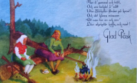 Easter Witches Postcard Fantasy Glad Pask Tea Kettle Campfire Sweden Vintage - £39.21 GBP