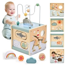 Wooden Activity Cube For Toddlers 1-3, 5 In 1 Ocean Animal Shape Sorter Bead Maz - £30.36 GBP