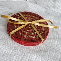 Beaded Coasters, Red & Gold, set of 4, fabric bead mats, holiday coasters image 7