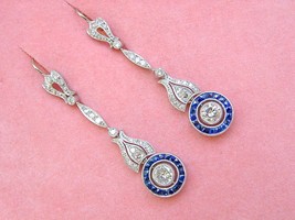 Art Deco 1.43ctw Diamond .85ctw Sapphire Halo Platinum Dangle Cocktail Earrings - £3,543.85 GBP