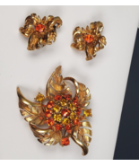 Vintage Flower Orange Yellow Crystal Rhinestone Leaf Brooch Clip On Earr... - $1,609.68 MXN