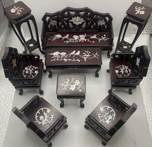 9 Vtg Dollhouse Miniature Furniture Mother of Pearl Inlay Asian Tables Chairs - £92.94 GBP