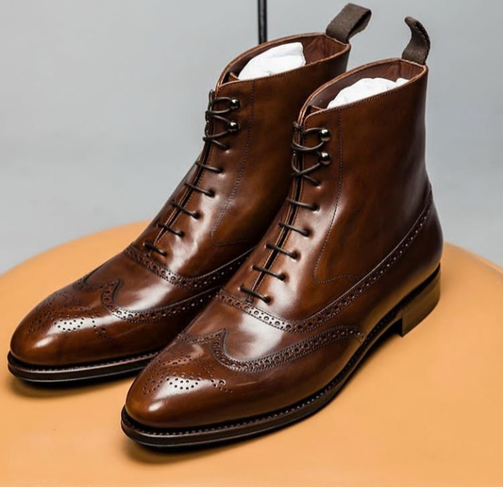 New Handmade Men's Brown Fashion Brogue Ankle High Leather Lace Up Wing Tip Boot