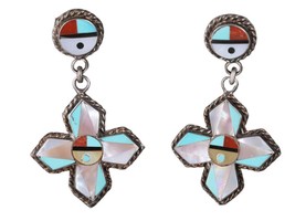 Vintage Zuni sterling Intarsia Inlay dangle sunface cross earrings - $143.55