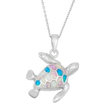 Sterling Silver White, Pink, and Blue Inlay Opal Turtle Pendant - £69.10 GBP