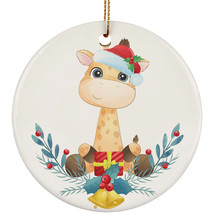 Cute Baby Giraffe With Chirtmas Gift Round Ornament Xmas Decor For Animal Lover - £11.61 GBP