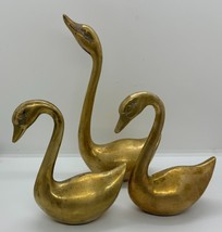 Set of Three Vintage Solid Brass Swan Figurines 8.5 and 5.75 Tall - $28.04
