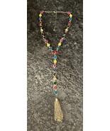 Goldtone Bezel Rainbow Jewel Lariat “Y” Necklace w/Tassel Multicolor Adj... - £10.74 GBP