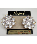 Napier Pierced Earrings Clear Rhinestone Clusters 1.25&quot; Gold Tone Round New - $9.40