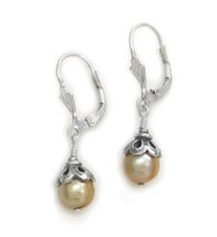 Sterling Silver Cultured Pearls Floral Cap Leverback Earrings, Champagne - £11.80 GBP