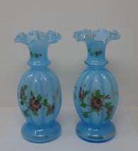 Fenton Melon Hand Painted Floral Blue Glass Vases Gold Trim - £117.70 GBP