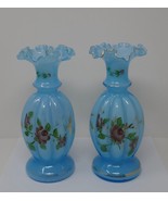 Fenton Melon Hand Painted Floral Blue Glass Vases Gold Trim - $149.99
