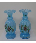 Fenton Melon Hand Painted Floral Blue Glass Vases Gold Trim - £117.98 GBP