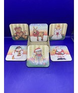 Christmas 6 coaster set in Wicker Basket Cork Backed Folk Art Scenes 3.5... - £3.82 GBP