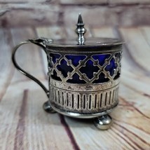 Vintage Silverplate Filigree Mustard Jar Hinged Lid &amp; Cobalt Blue Glass Incert - £14.89 GBP