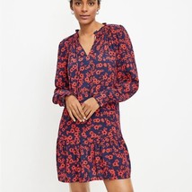 Loft Navy Blue Red Floral Tie Neck Flounce Bohemian Dress Size Petite Me... - $28.99