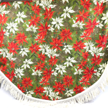 Vintage MCM 1960s Christmas Tablecloth 60&quot; Round Fringe Poinsettia Pinecones - £56.62 GBP