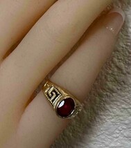 14K Yellow Gold Greek Key Design Red Stone Baby Ring July Birth Stone Si... - $4,593.81 MXN