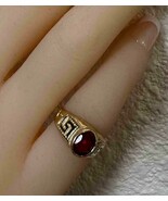 14K Yellow Gold Greek Key Design Red Stone Baby Ring July Birth Stone Si... - $349.80 CAD