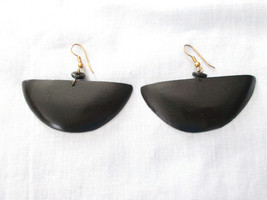 Black Hand Painted Real Wood Semi Round With Bead 2&quot; Geometric Drop Earrings - £6.72 GBP