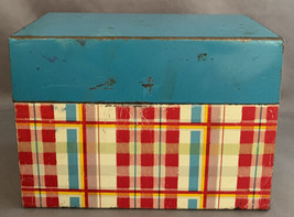 Vintage Ohio Art Co. Red Blue Plaid Metal Recipe Box Bryan OH - £15.69 GBP