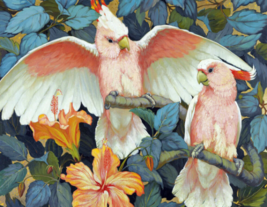 pink Cockatoos parrot birds hibiscus flower garden ceramic tile mural backsplash - £46.45 GBP+
