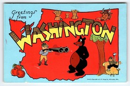 Greetings From Washington Postcard Map Hunter Goofy Bear Lumberjack Linen Kropp - £12.79 GBP