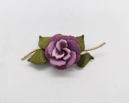 Vintage Enamel Floral Brooch Pin Purple Gold Tone Stemmed  - £9.77 GBP