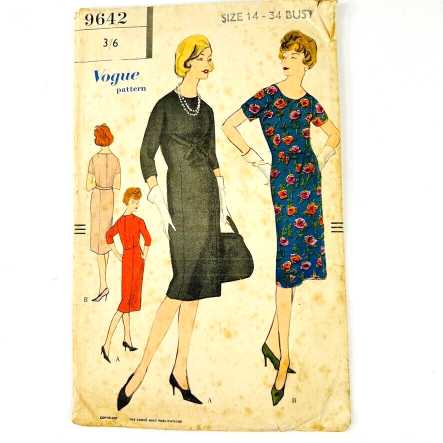 Vintage 60s Vogue Pattern Shift Dress Sz 14 Bust 34 Cut Not Printed Foxing 9642 - $19.99