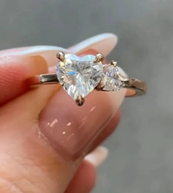 925 Silver Heart Cut Moissanite 2Stone Engagement Ring Heart Shape Wedding Ring  - £100.59 GBP