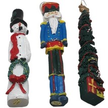 Vtg Christmas 3 Unique Tall Thin Resin Holiday Ornaments Solider Snowman Tree  - £9.74 GBP