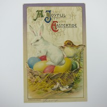Easter White Rabbit &amp; Chick  Sit on Colored Eggs in Basket Embossed Antique - $9.99