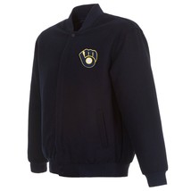 MLB Milwaukee Brewers JH Design Wool Reversible Jacket Navy 2 Front Logos - $139.99