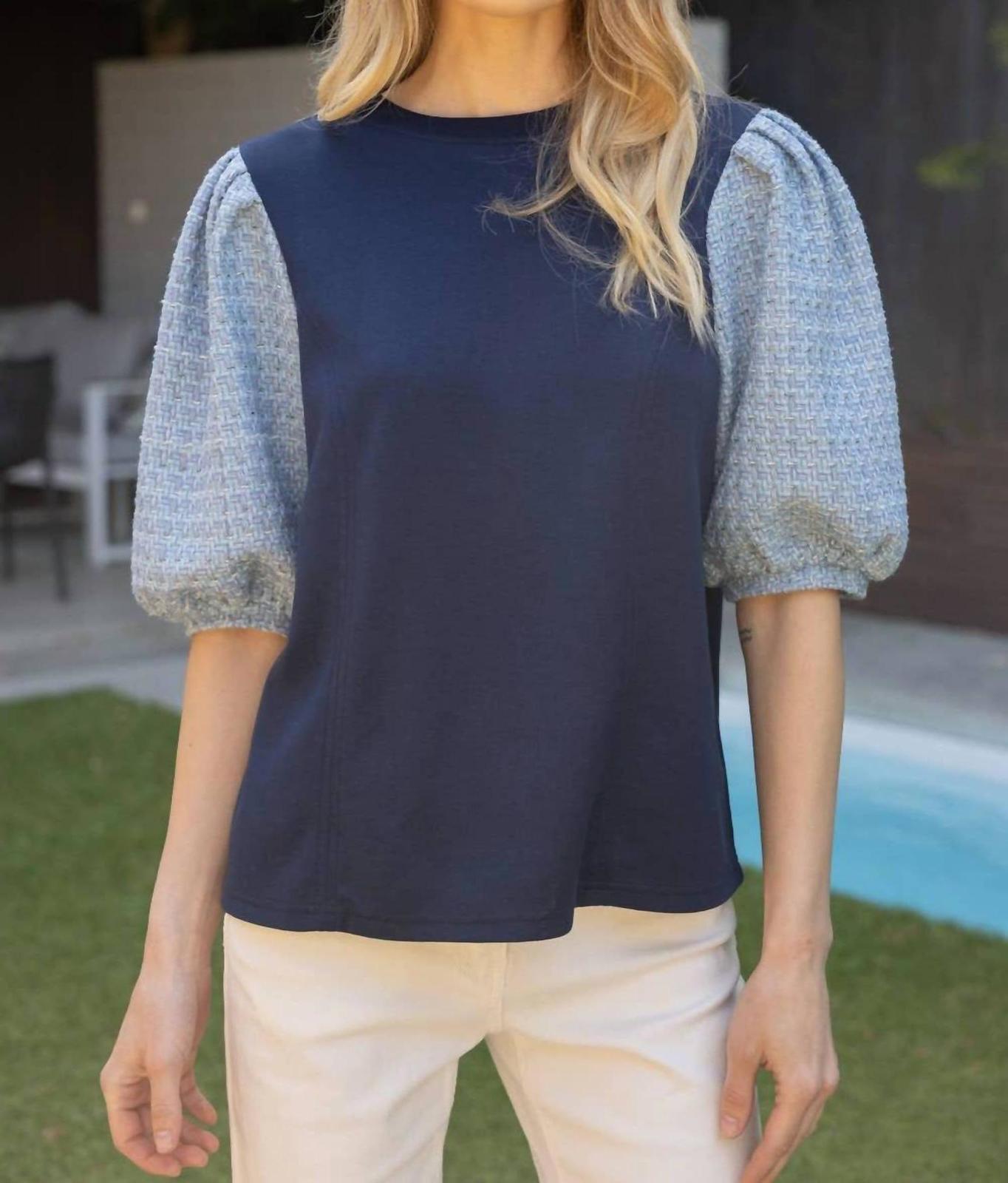 Voy Tweed Puff Sleeve Knit Top Navy - $38.00
