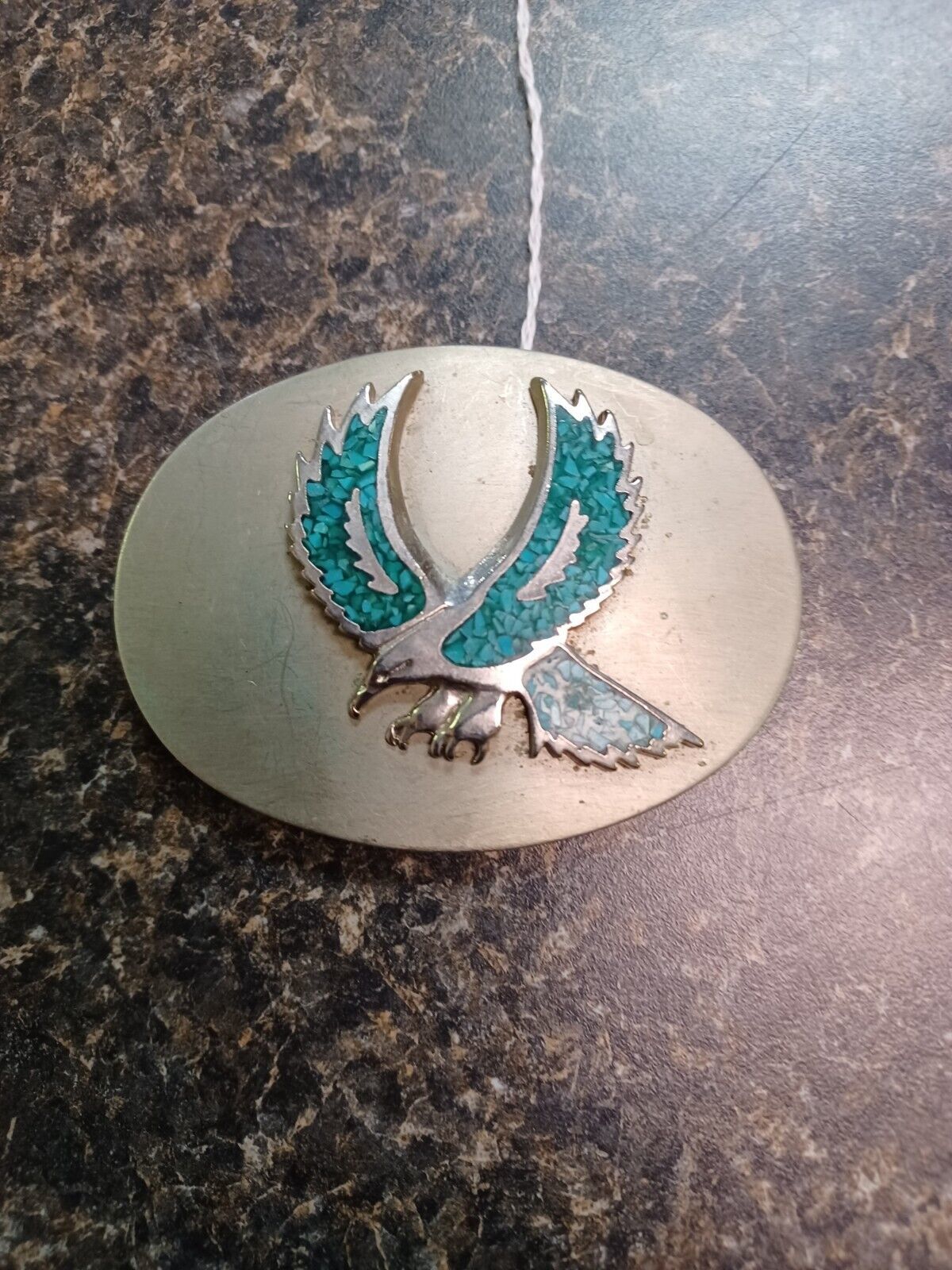 Vintage Nickel Silver Turquois Eagle Oval Belt Buckle - $39.59